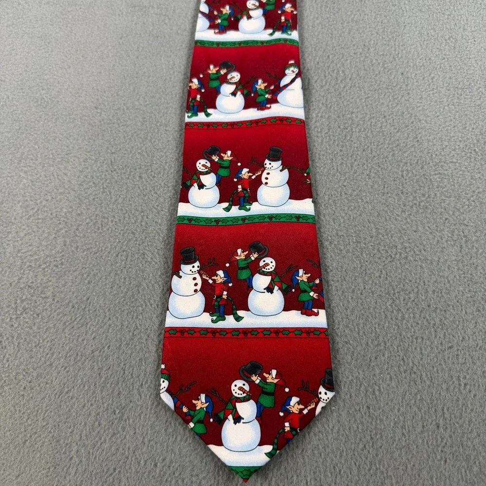 Special Ties Hallmark Snowmen‎ Elves Christmas Holiday Red Silk Blend Necktie